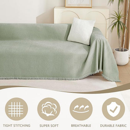 MYSKY HOME Easy Fitted Couch Cover for Dogs - Stain Resistant Sage Sofa Cover for 2 Cushion Loveseat - Multi-Use Sectional Universal Tassel Throw 91"X 118"