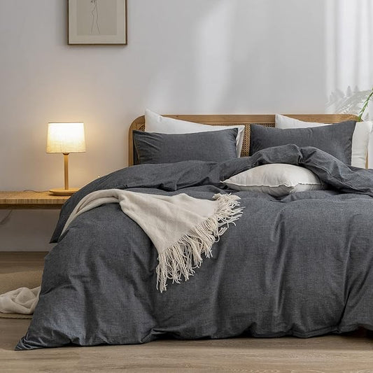 BESTOUCH Duvet Cover Set 100% Washed Cotton Linen Feel Super Soft Comfortable Chic Lightweight 3 PCs Home Bedding Set Solid Dark Black Full/Double