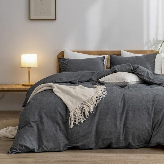 BESTOUCH Duvet Cover Set 100% Washed Cotton Linen Feel Super Soft Comfortable Chic Lightweight 3 PCs Home Bedding Set Solid Dark Black Queen