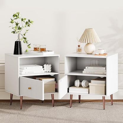 White Night Stand Set 2,Modern Bedside Table with Door and Open Storage,Fluted Nightstand and Wood End Side Table with Rose Gold Metal Legs and Handles for Bedroom,Living Room,White