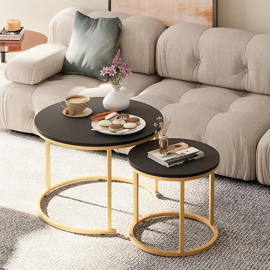 Garden 4 you Nesting Coffee Table, 23.6" Round Coffee Table Set of 2, Wooden Nesting Table Set with Metal Frame, Side Tables for Living Room Bedroom Balcony, Black