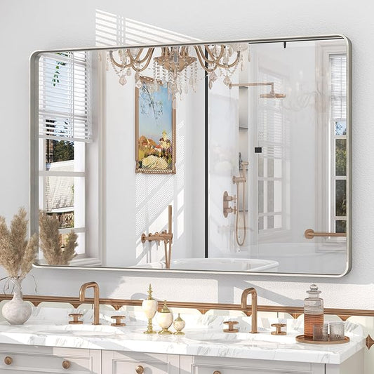 48x30 Silver Brushed Bathroom Mirror for Wall, Brushed Silver Metal Framed Bathroom Vanity Mirror, Rounded Rectangle Mirror, Shatterproof, Anti-Rust (Horizontal/Vertical)