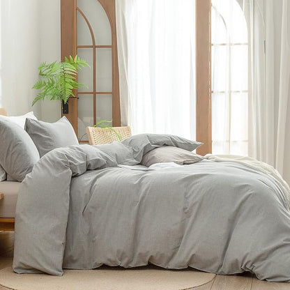 BESTOUCH Duvet Cover Set 100% Washed Cotton Linen Feel Super Soft Comfortable Chic Lightweight 3 PCs Home Bedding Set Solid Light Grey Super Queen