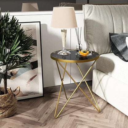 HLR Modern Round Side Table, End Table with Marble Effect Top and Gold Metal Frame, Small Side Table for Living Room, Bedroom, Sofa and Couch, Gold Legs, Black Marble top