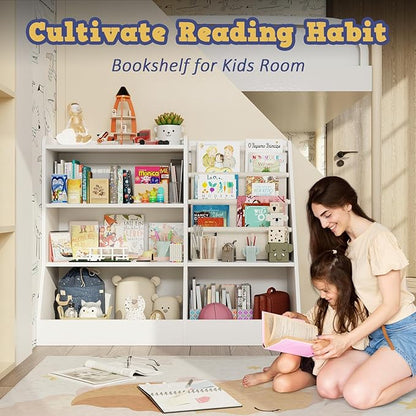 39" Large Kids Wooden Bookshelf and Toy Storage Organizer, Baby Bookcase with Sling Book Rack, Children Toddler Wooden Book Shelf for Kids Rooms, Playroom, Classroom, Nursery, School (White)
