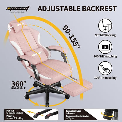 Gaming Chair,Fabric Computer Chair with Pocket Spring Cushion,400 lb Load Capacity,Ergonomic Office Chair with Footrest,Height Adjustable Video Gamer Chair with Lumbar Support (Pink)