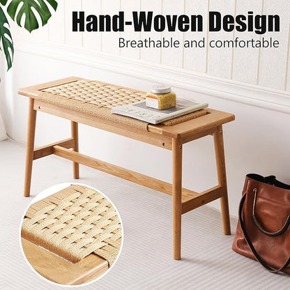 33.5" L Wood Dining Bench Indoor, 100% Natural Solid Oak Bed Bench Hand Woven Enterway Bench Small Bench for Dining Room, Bedroom, Kitchen (Natural)
