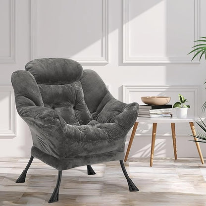 Fabric Lazy Chair for Adults, Oversized Upholstered Sofa Chair, Plush Comfy Lounge Chair with Large Side Storage Pocket, Thick Padded Reading Chair for Living Room, Bedroom, Office, Dark Gray