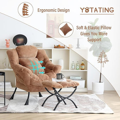 Lazy Chair with Ottoman, Comfy Reading Lounge Chair with Footstool & Throw Pillow Modern with Armrests & Side Pocket for Living Room, Bedroom, Dorm Room, Plush Brown