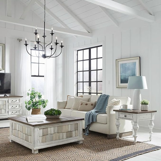 Liberty Furniture River Place Living Room Opt 3 Piece Set - Lift Top Cocktail Table, 2 End Tables - Riverstone White & Tobacco