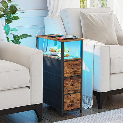 TUTOTAK Narrow LED Night Stand with Charging Station, Slim End Table with Plugins, Tall Side Table with 3 Fabric Drawer, Small Bedside Table with Storage, Set of 2, for Living Room, Brown TB01BB073L