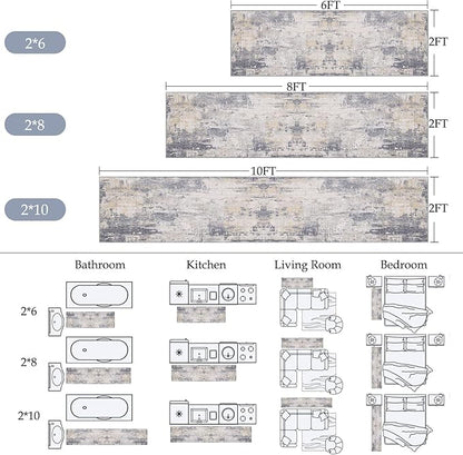 Washable Area Rugs 2'x10' Non-Slip Modern Abstract Soft for Living Room Entryway Bedroom Nursery, Print Pattern, Purple Grey Cream Yellow