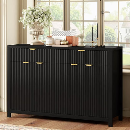 Merax Modern Wave-Pattern Sideboard Cabinet with 2 Drawers and 4 Doors,Buffet Cabinet,Aluminum Arc Handles,Scandinavian Style,Suitable for Entryway, Living Room,Foyer,Black