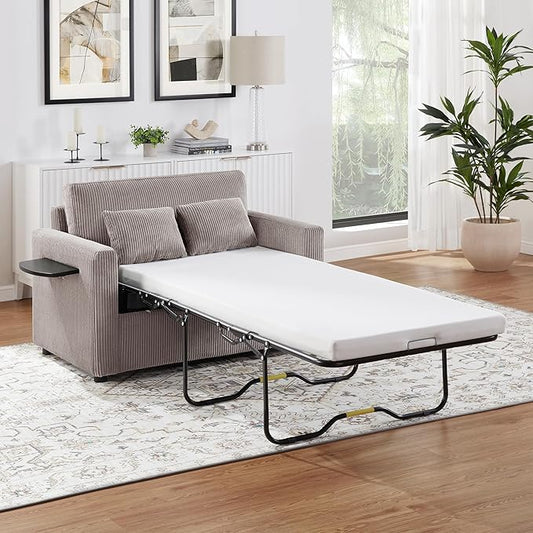 Twin Size Sofa Bed 47.2" Sleeper Sofa Loveseat Sofa with a Foldable Mattress, a Foldable Side Table, a Side Storage Pocket and Two USB Ports for Living Room, Grey-Brown