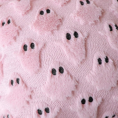 4TH Emotion Halloween Ghost Decorative Pillow Covers 16x16 Set of 2, Pink Soft Plush Faux Fur Farmhouse Throw Cushion Cases for Fall Autumn Holiday Home Decorations