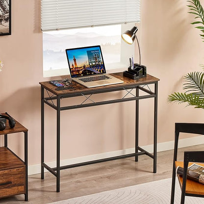 VECELO 39.4In Narrow Sofa/Console Table with Charging Station & Power Outlet and USB Ports, for Entryway, Living Room, Office, Industrial, Metal Frame, 2 Pack, Rustic Brown