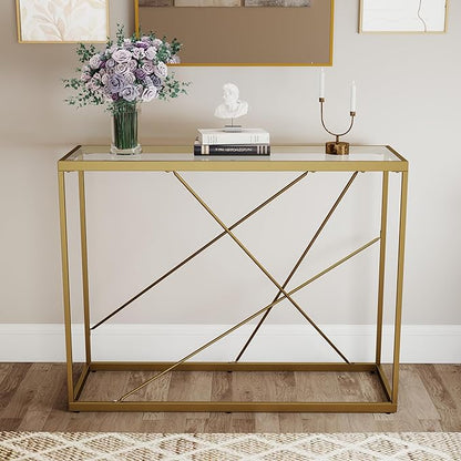 OIOG Glass Console Table for Entryway, Modern Sofa Table with Temperes Glass Tabletop and Golden Frame, Gold Entryway Table for Living Room, Foyer, Dining Room, Home Office