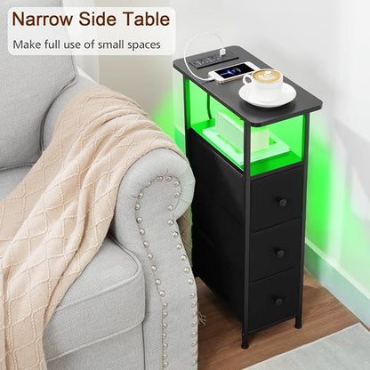 Narrow End Tables Living Room Set of 2 with Charging Station, Skinny Side Table with Fabric Drawers, Slim LED Nightstand for Bedroom, Small Spaces, Couch, Black, HETNDP03LBK