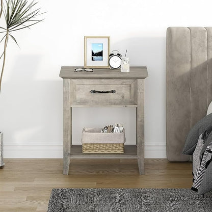 IDEALHOUSE Grey Nightstand, End Table with Drawer, Side Table for Spaces, 2 Tiers Storage Shelves with Dresser, Bedside Table for Living Room, Bedroom, Dorm (Grey)