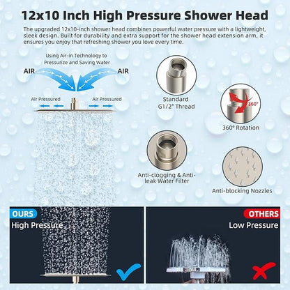 Hibbent All Metal 12'' Rainfall Shower Head, Dual Shower Head Combo, High Pressure Handheld Shower Wand, 16'' Adjustable Arc-shaped Shower Extension Arm, 71'' Hose, Showerhead Holder, Brushed Nickel