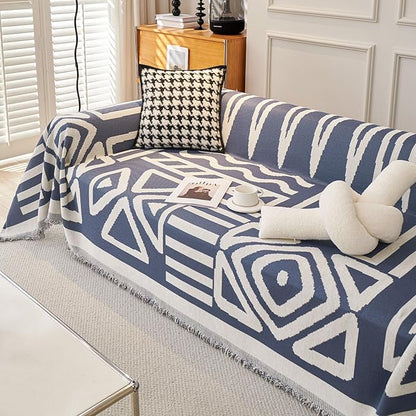 STACYPIK Jacquard Blue Geometric Sofa Cover Thick Soft Boho Couch Covers for 1 Cushion Couch Dogs Cats Furniture Protector Cover Reversible Armchair Cover for Pets Dog Cat Sofa Throw Cover-71X71IN
