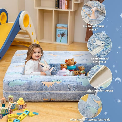 Lamerge Toddler Couch Glow in The Dark Toddler Fold Out Couch for playroom, Convertible Baby Fold Out Play Foam and Floor Cushion for Bedroom (Blue+Dinosaur)