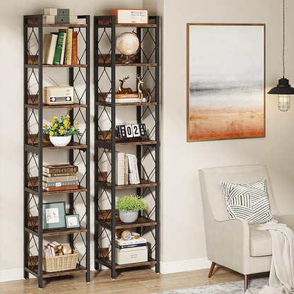 Tribesigns 78.7 Inch Extra Tall Narrow Bookshelf, 7-Tier Skinny Bookcase for Small Spaces, Freestanding Display Shelves, Multifunctional Corner Storage Organizer for Home Office, Rustic Brown