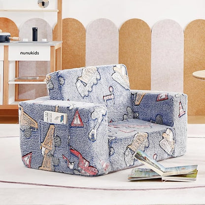 Tiita Kids Chair Couch, Folding Toddler Comfy Sofa Chairs, 2-in-1 Kids Plush Sofa Fold Out, Baby Armrest Chair to Lounger, Convertible Play Sofas to Bed for Girl or Boy, Vehicles