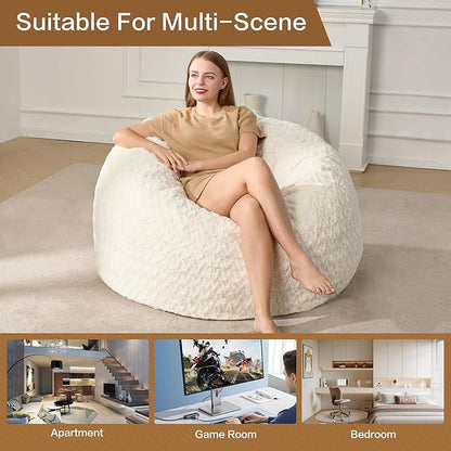 Hobestluk 3ft Bean Bag Chairs for Adults Large Beanbag Chair with Chevron Plush Fur Cover Big Bean Bag Chair for Living Room Bedroom Dorm Office - White (36” x 36” x 22”)