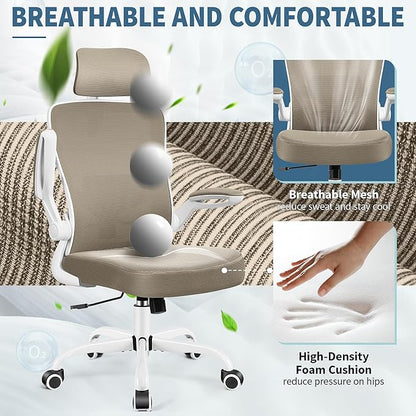 FelixKing Ergonomic Office Chair, Headrest Desk Chair Office Chair with Adjustable Lumbar Support, Home Office Swivel Task Chair with High Back and Armrest, Adjustable Height Gaming Chair(Khaki)