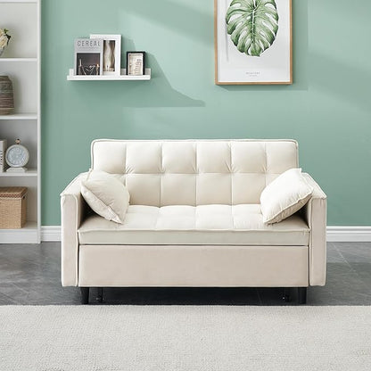 Ball & Cast Convertible Sofa Bed,Loveseat Sleeper Sofa W/Pull-Out Bed&2 Pillows,Convertible Pull Out Couch W/Adjustable Backrest&Side Pocket,Velvet Futon Couches for Living Room,Apartment,Beige,55"