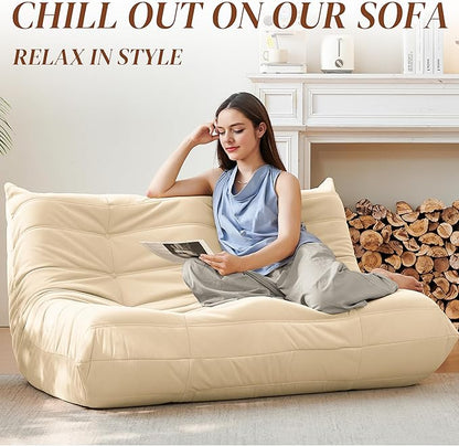 Bean Bag Chair, Loveseat Fireside Chair Bean Bag Sofa for Adults, 2 Seater Bean Bag Chairs for Teens with High-Resilience Foam, Memory Foam Bean Bag for Living Room, Bedroom, Office (Suede, Beige)