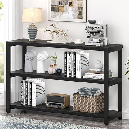 EXCEFUR Industrial Entryway Table, 3 Tier Console Table for Living Room, Wood Sofa Table for Hallway Behind Couch (47 Inch, Modern Black)