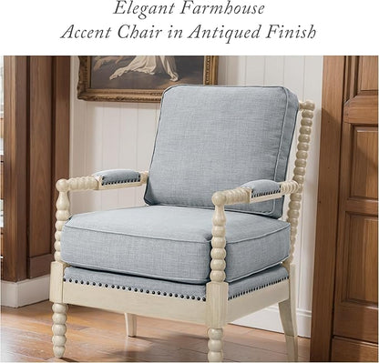Madison Park Accent Chairs for Living Room Farmhouse Modern Armchair, Solid Wood, Antiqued Finish, Upholstered Seat Removable, Bedroom Lounge for Reading, 25.5" W, Light Blue/Antique Cream