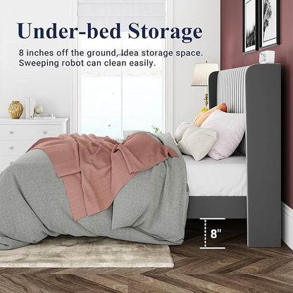 Allewie Full Size Velvet Bed Frame/Vertical Channel Tufted Wingback Headboard/Upholstered Platform Bed/Strong Wooden Slats/No Box Spring Needed/Easy Assembly/Grey