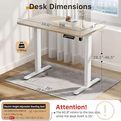 JOY worker Small Electric Standing Desk, 35" x 20" Whole Piece Height Adjustable Desk with Memory Controller, Light Walnut Sit to Stand Workstation for Home Office