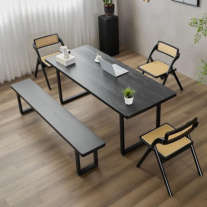 Modern Solid Wood Dining Table with Metal Base Stylish Durable Dining Room Table in Black Multiple Sizes Home Use Office Desk (Bench Black, 78.74in)