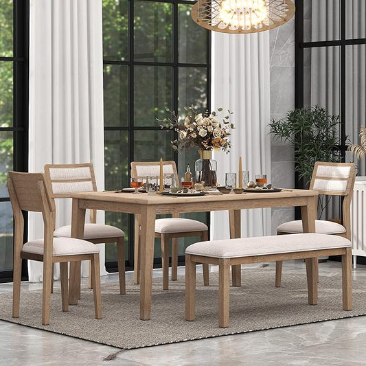6 Pieces Dining Table Set with 60" Rectangle Kitchen Desk,Wooden Living Room Furniture W/ 4 Upholstered Chairs & 1 Bench,for Restaurant,Home Bistro,Natural Wood Wash