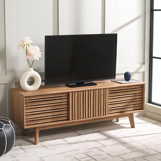 SAFAVIEH ESMA TV Stand for up to 65" Flatscreen – Oak Brown, Sliding Doors with Interior Storage, Entertainment Media Console (MED9640D)