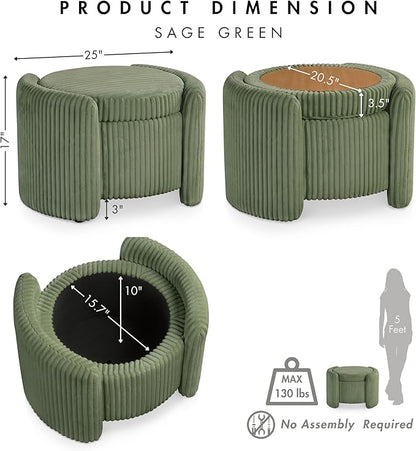 Furniture of America Lennox Modern Chenille 25-inch Round Storage Ottoman with Reversible Flip Top, Upholstered Footstool for Living Room, Bedroom, Entryway, Green