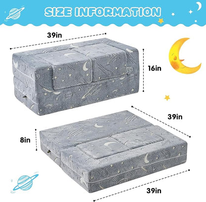 Kids Couch Sofa Modular Toddler Couch, Glow in The Dark 3 in 1 Fold Out Kids Sofa with Washable and Durable Covers for Boys, Galaxy Stars