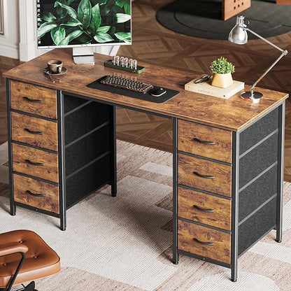 Huuger 47 Inch Computer Desk with 8 Fabric Drawers, Office Desk Work Desk for Home Office, Study, Gaming Desk with Drawers, Large Storage, Rustic Brown