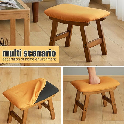 Foot Stool Ottoman Foot Rest Under Desk,Small Stool for Living Room, Bedroom and Kitchen (Brown Legs - Orange Stool Surface)