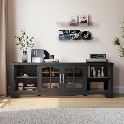LINSY HOME TV Stand for 75 Inch TV, Modern Farmhouse Entertainment Center with Storage Cabinets and Glass Doors, Tall Media Console Table for Living Room, Bedroom, Large Long Television Stand, Black