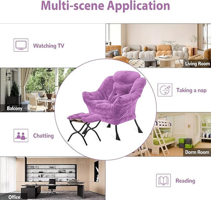 Lazy Chair with Folding Ottoman, Accent Chair Plush Upholstered with Metal Structure and Non-Slip Pads, Sofa Armchair with Footrest and Side Storage Bag for Dorm, Room, Office, Purple