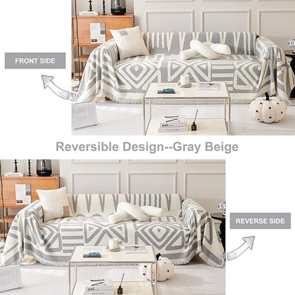 STACYPIK Boho Grey Sofa Cover Furniture Protector Couch Soft with Tassels for Kids Jacquard Triangle Couch Cover for Loveseat Cover Reversible Non Slip Sofa Cover Pets Dogs Friendly Home Decor-71X71IN