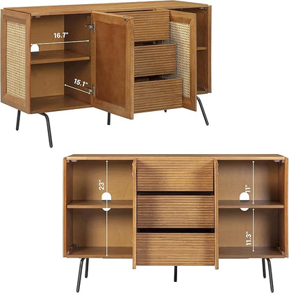 NTC MOSSIC Sideboard with 2 Doors and 3 Drawers, Buffet Cabinet with Natural Rattan and Metal Legs, Modern Storage Cabinet for Living Room, and Hallway, Effortless Assembly, Teak Look