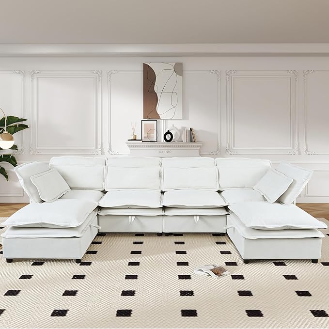 Ball & Cast 124.4" Modular Sectional Sofa,Oversized U-Shaped Couch with Storage Seat,Freely Combinable 6-Seater Set w/Double-Layer Cushion,for Living Rooms,Offices and Apartments,Beige