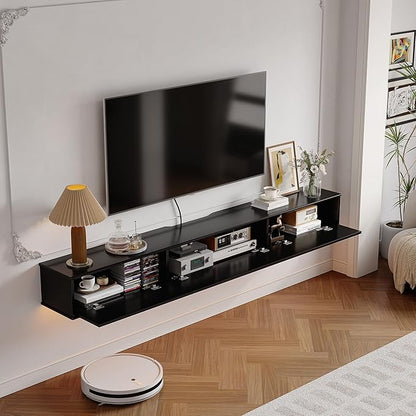 Retro Floating TV Console with 3 Doors,47'' High Gloss Floating TV Stand,Wall Mounted TV Cabinet,Contemporary Floating Media Console for Under TV Storage,Living Room,Bedroom(Black)