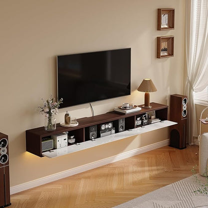 Floating TV Stand High Gloss,70'' Wall-Mounted TV Cabinet,Floating TV Console,Under TV Shelf with 3 Doors for Living Room Bedroom(Walnut+White)